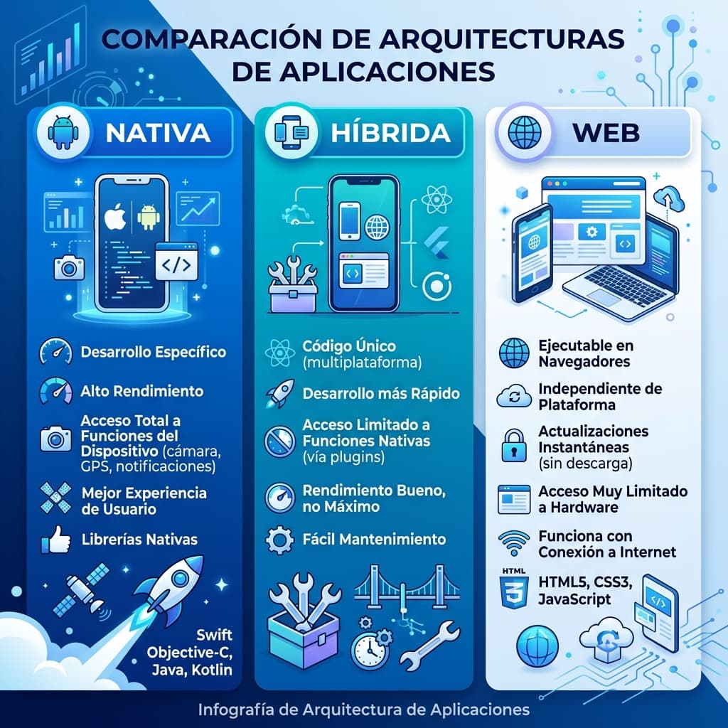 Desarrollo de Software a Medida - Diferencias entre Arquitectura de App Nativa, Híbrida y Web