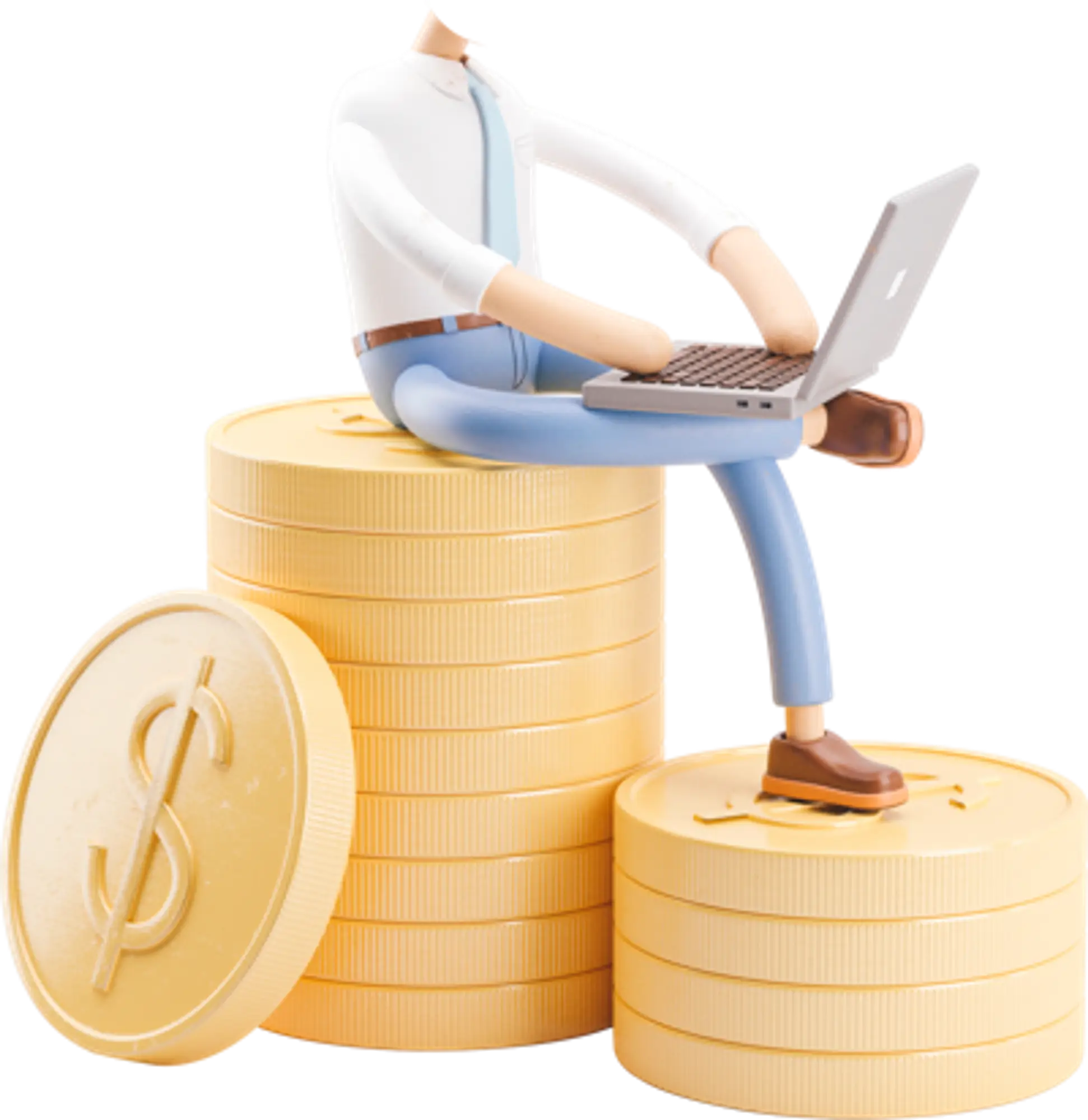 Persona feliz usando laptop sobre monedas